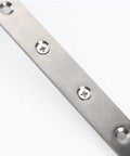 Close-up of a Score This Solid 4 Pack Flat Mending Plate made of premium stainless steel with screws, measuring 12 inches.