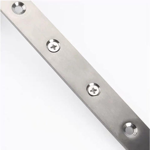 Close-up of a Score This Solid 4 Pack Flat Mending Plate made of premium stainless steel with screws, measuring 12 inches.