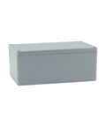 Angled view of gray cast-aluminum junction box, IP66 waterproof outdoor electrical enclosure.