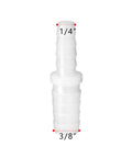 Front view of white plastic hose barb reducer fitting, 3/8" bottom to 1/4" top barb