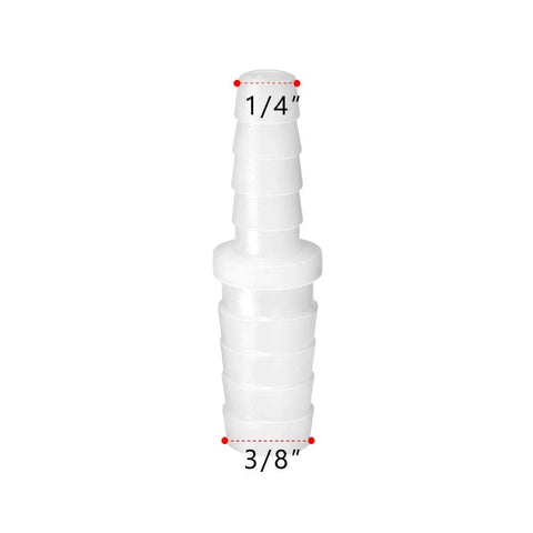 Front view of white plastic hose barb reducer fitting, 3/8" bottom to 1/4" top barb