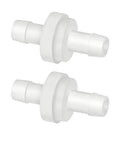 Two Quickun inline check valves for 1/4 in hose ID, white plastic, one-way; pack of 2.