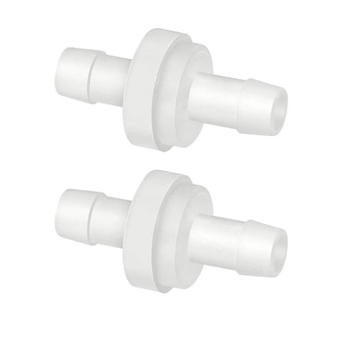 Two Quickun inline check valves for 1/4 in hose ID, white plastic, one-way; pack of 2.