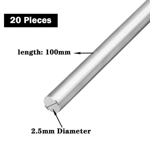 2.5mm Diameter Aluminum Round Rod Set, 6063 Aluminum Solid Rods, 100mm Length, 20 Pieces for DIY Craft Projects