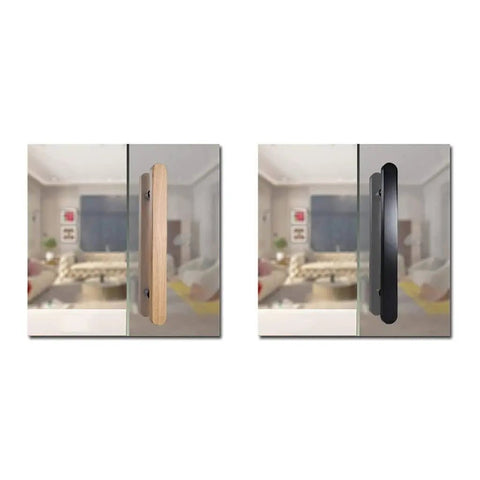 Solid Wood Door Handle For Glass And Wooden Doors Push Pull Style with two color options shown installed on glass doors