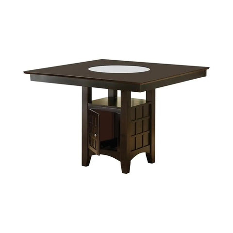 Hella Sturdy 9 Piece Square Dining Set With Counter Height Table Classic Frosted Glass Lazy Susan Smart Storage Base And Rock Solid Tan Upholstered Chairs Seating For Eight square counter height dining table with frosted glass top and dark wood storage base