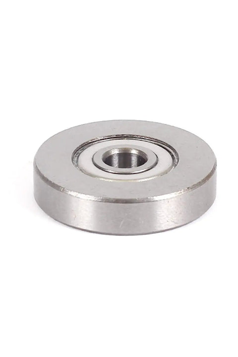 Heavy Duty Router Bit Replacement Bearing With Dead Nuts 1/4 Inch Fit and 1 1/8 Inch Outer Diameter, polished stainless steel view.