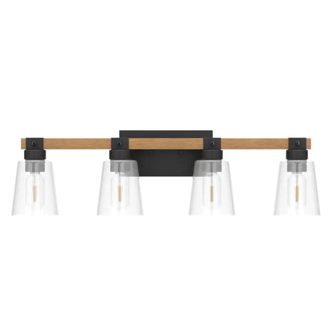 Farmhouse Style Four Light Vanity Light Over Mirror With Rustic Wood Frame And Seeded Glass Shades Vintage Wall Sconce