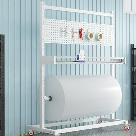 Heavy Duty Fabric Roll Storage Rack With Adjustable Cutter And Rock Solid Base For Quick Material Trim And No Sweat Packing Operations In Any Workshop Or Industrial Setting, featuring a large white paper roll.