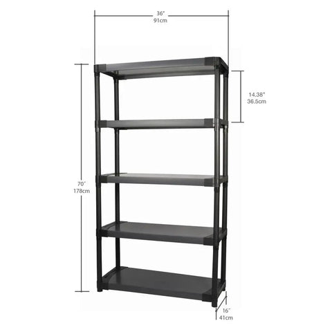 Heavy Duty 36 Inch Plastic Resin Shelving Unit 5 Tier Storage Rack dimensions 36x16x70 inches with solid shelves for garage.
