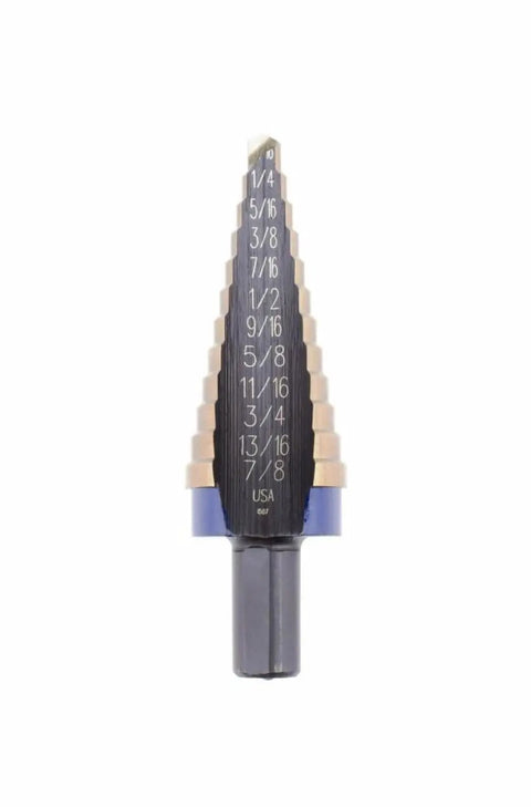 Step Drill Bit 3/16 To 7/8 Inch With 3/8 Inch Shank Cobalt Alloy High Speed Steel 12 Hole Sizes SpeedPoint Tip Prevents Walking