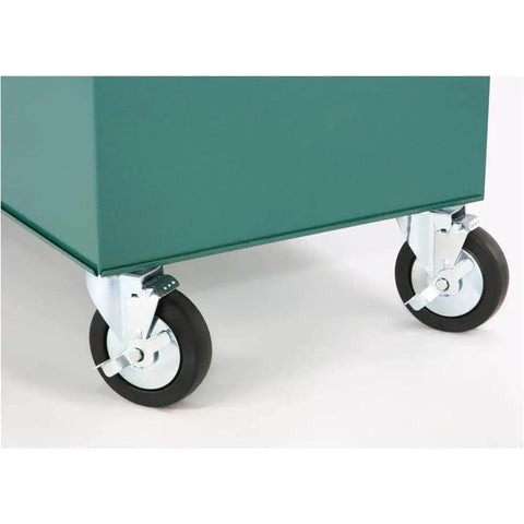 Close-up of wheels on Green Rolling Tool Cabinet With Ten Drawers Including Six Shallow, Three Medium, And One Tall, 22-1/2" Wide