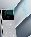 Slick Smart Door Lock Featuring Built In Camera Voice Intercom And Fast Fingerprint Scan Password Entry Along With Hella Secure Auto Deadbolt close-up of camera with biometric scanning feature