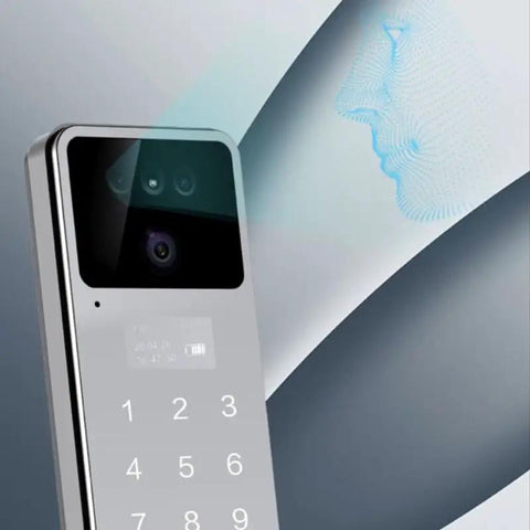 Slick Smart Door Lock Featuring Built In Camera Voice Intercom And Fast Fingerprint Scan Password Entry Along With Hella Secure Auto Deadbolt close-up of camera with biometric scanning feature