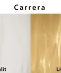 Carrera marble sample comparison showing unlit white side on the left and lit warm tone side on the right.