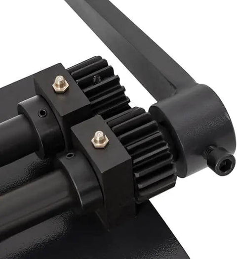 Close-up of Bead Roller Pro Grade Sheet Metal Machine For Auto Body Fabrication 18 Inch beading roller gears and handle.