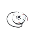 Forklift electromagnetic brake unit, white metal housing with central shaft hole, front view.