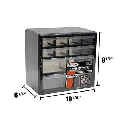 12-Drawer Parts Organizer In Black With Clear View Drawers, Wall Mountable For Easy Access To Small Hardware, Tools, And Craft Supplies, Keeps Tiny Parts Neatly Sorted With 8 Small Drawers And 4 Large Drawers