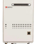 Heavy Duty Outdoor Tankless Water Heater Built Tough With Natural Gas Power To Crank Out Endless Hot Water At A Snappy Six Point Six Gallon Per Minute Flow And One Hundred Forty Thousand Btu Output For Peak High Efficiency Performance Without Hassle, front view showing design and connection points.