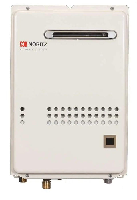 Heavy Duty Outdoor Tankless Water Heater Built Tough With Natural Gas Power To Crank Out Endless Hot Water At A Snappy Six Point Six Gallon Per Minute Flow And One Hundred Forty Thousand Btu Output For Peak High Efficiency Performance Without Hassle, front view showing design and connection points.