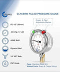 Front view: CARBO glycerin-filled pressure gauge, 2.5 in dial, -30 to 60 psi, 1/4 in NPT lower mount