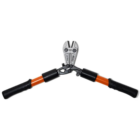 Heavy Duty Bolt Cutter With 18 Inch Fiberglass Handle And Center Cut Jaws For Soft To Hard Metals, black grips visible.