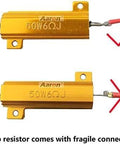 Front view of two gold Aaron brand 50W 6Ω automotive load resistors with mounting tabs and red/black leads