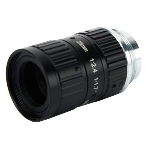 12MP 25mm F2.4 C Mount Industrial Lens With Manual Iris And Focus for machine vision cameras, side view of metal and glass design.