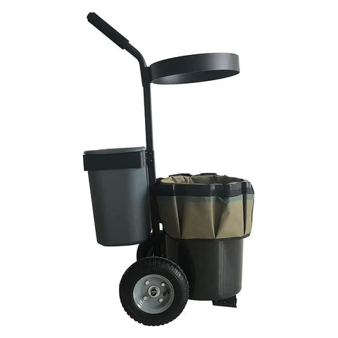 Rolling Garden Cart For Yard And Lawn Work Heavy Duty Mobile Tool Cart With Oxford Bag And 5 Gallon Bucket side view