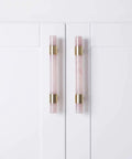 Clear Crystal Marble T Bar Cabinet Handles With Solid Brass Base Drawer Pull Knobs For Kitchen Bathroom Dresser And Closet Euro Style Furniture Hardware Upgrades Featuring A Slick Finish on white cabinet doors.