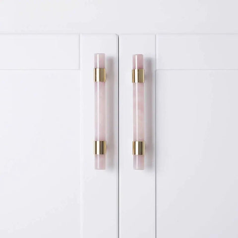 Clear Crystal Marble T Bar Cabinet Handles With Solid Brass Base Drawer Pull Knobs For Kitchen Bathroom Dresser And Closet Euro Style Furniture Hardware Upgrades Featuring A Slick Finish on white cabinet doors.