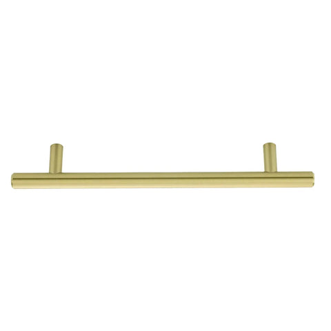 Gold Champagne Euro Bar Cabinet Handles 7 And 3 Eighths Inch Long 5 Inch Hole Center One Half Inch Diameter product image.