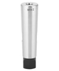 MT4 Morse taper adapter sleeve; silver metal body with black end cap, front view