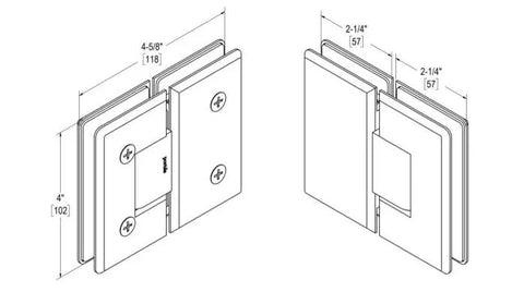 Diagram of Beefed Up Heavy Duty 180 Degree Glass To Glass Hinge With 5 Degree Offset And Self Closing Within 25 Degrees Polished Chrome Finish.
