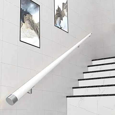 Sleek White Wooden Stair Banister Kit Wall Mounted Handrail For Interior Steps Heavy Duty Safety Grab Rail on staircase wall.