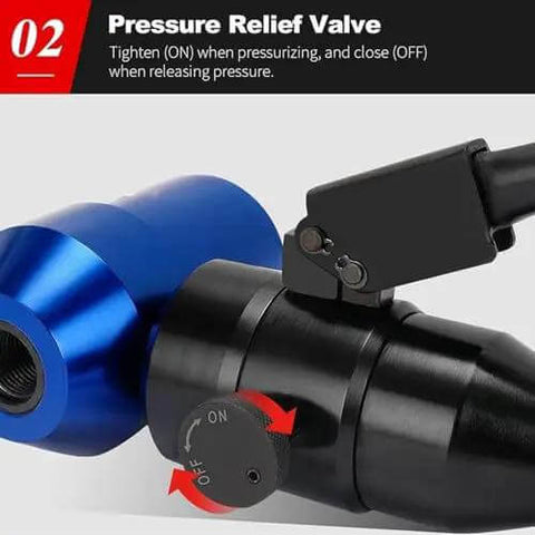 Pressure relief valve on a blue and black Portable Hydraulic Hole Punch Kit With Six Dies For Drilling Holes In Mild Steel Plates And Metal Sheets Manual Knockout Punch For Electrical Boxes Built Tough And Ready To Use Blue.