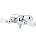 Vintage Wall Mount Tub Faucet In Polished Chrome With Solid Brass Construction Ceramic Disc Valves 3 And 7 Sixteenths Inch Spout Reach Porcelain Lever Handles Quarter Turn Operation Old School Retro Clawfoot Bath Fixture, side view.