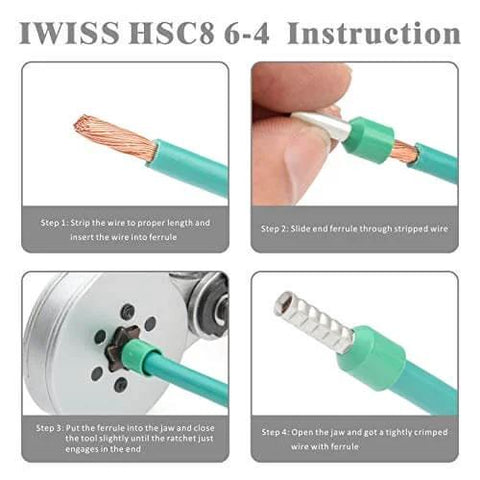 Self Adjusting Wire Ferrule Crimping Tool For Bootlace Ferrules, Pro Grade No Nonsense Heavy Duty Crimper With Hexagonal Crimp Profile, Works On AWG 28 To AWG 10 (0.25mm2 To 6.00mm2), Insulated And Non Insulated Ferrules, Dual Crimp Range instruction steps