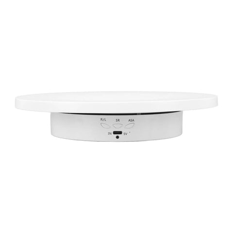 Super Quiet 3 Speed Electric Rotating Turntable For Stunning Product Photos And Live Streaming With 360 Degree Motorized Stand And Battery Power, white motorized display turntable top view.