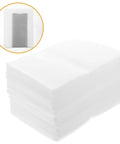 Stack of 100 Pcs White EPE Foam Packing Pouches for Shipping and Storage with an insert showing a pouch protecting an item