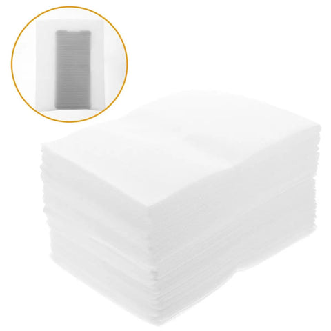 Stack of 100 Pcs White EPE Foam Packing Pouches for Shipping and Storage with an insert showing a pouch protecting an item
