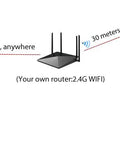 Illustration of Non Contact Ultrasonic Level Sensor With 2.4G WiFi For Water Tank And Grain Bin, displaying phone app interface and router setup.