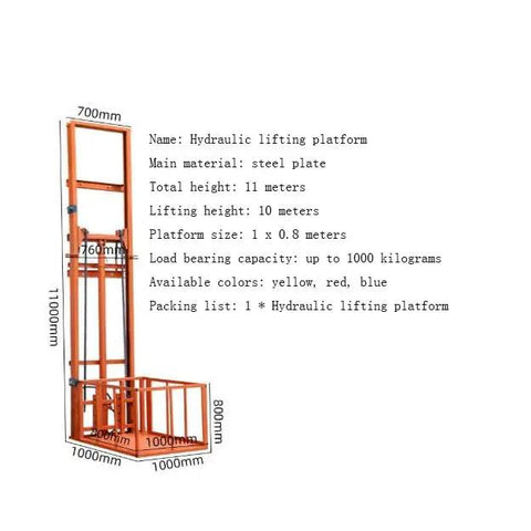 Heavy Duty Hydraulic Lift Platform With Reinforced Steel Frame And 1000 Kilogram Capacity For Warehouses Or Job Sites. 11m tall design.