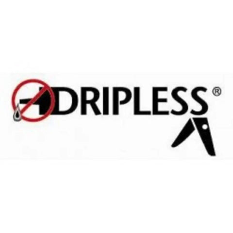 Dripless 10oz Industrial Ergonomic Composite Caulk Gun logo featuring no-drip symbol and cutter icon.
