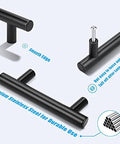 Close-up of 6 Pack Black T Bar Drawer Pulls with screws, stainless steel square T-shape, highlighting smooth edge and durability.