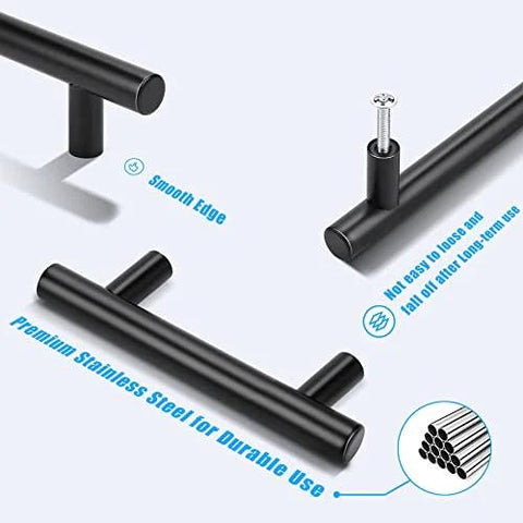 Close-up of 6 Pack Black T Bar Drawer Pulls with screws, stainless steel square T-shape, highlighting smooth edge and durability.