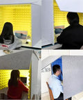 Slick Plug And Play Portable Folding Vocal Sound Booth Crafted With Heavy Duty Acoustic Cotton Paneling For Crisp Dead Air Free Audio Quality Perfect For Chill Podcasts Home Studio Grind And Smooth Video Calls with user seated inside.