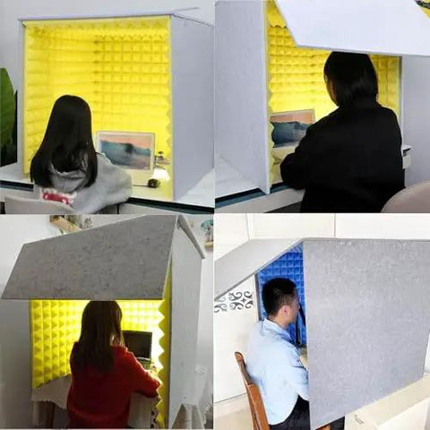 Slick Plug And Play Portable Folding Vocal Sound Booth Crafted With Heavy Duty Acoustic Cotton Paneling For Crisp Dead Air Free Audio Quality Perfect For Chill Podcasts Home Studio Grind And Smooth Video Calls with user seated inside.