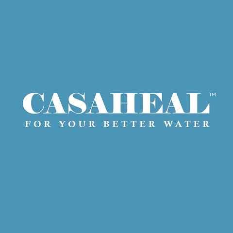 Blue background with white text logo 'CASAHEAL For Your Better Water'