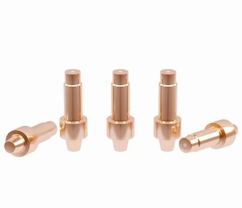 40A Plasma Cutter Tips Drag Shields And Electrodes Kit showing 5 copper plasma cutter tips for XT40 Torch and Hobart Airforce 40i.